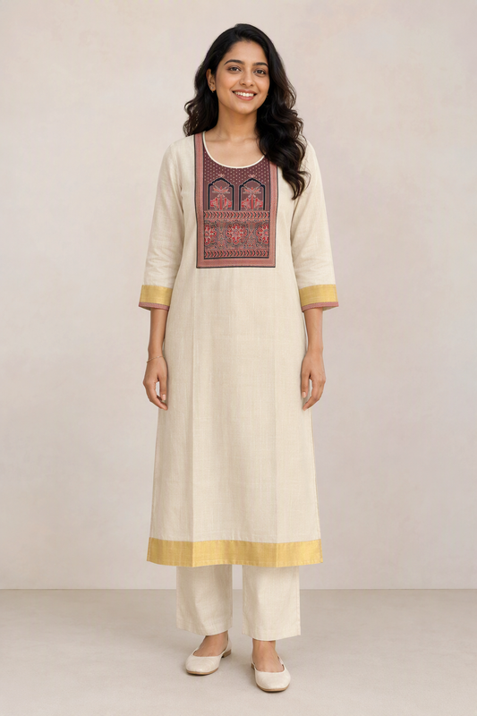 Ivory Kasavu Kurta with Ajrakh Yoke (KER-1220)