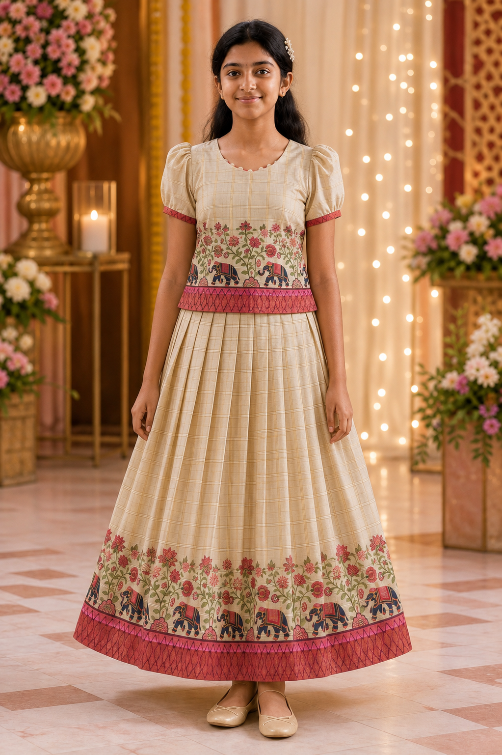 Girls Cream Elephant & Floral Ethnic skirt set (KCW-143)