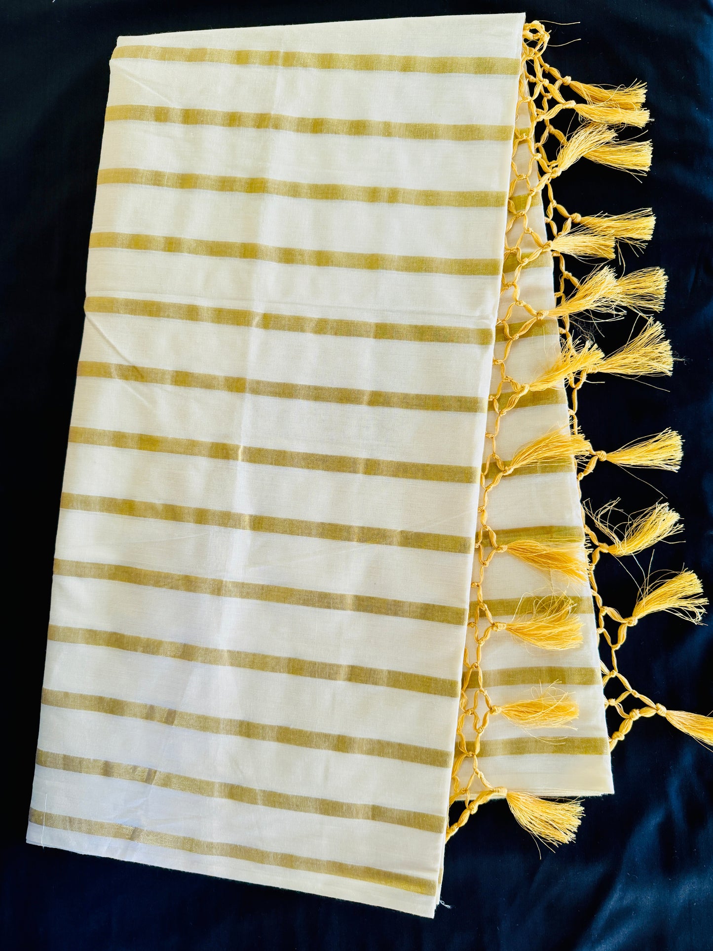 Premium Kerala Cotton Kasavu Set Saree with golden tassels (SAR-1156)