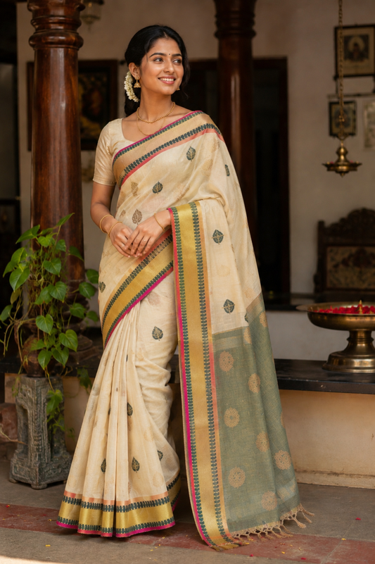 Premium Cream & Sage Green Tissue Kasavu Saree with Gold Zari Border (SAR-1157)
