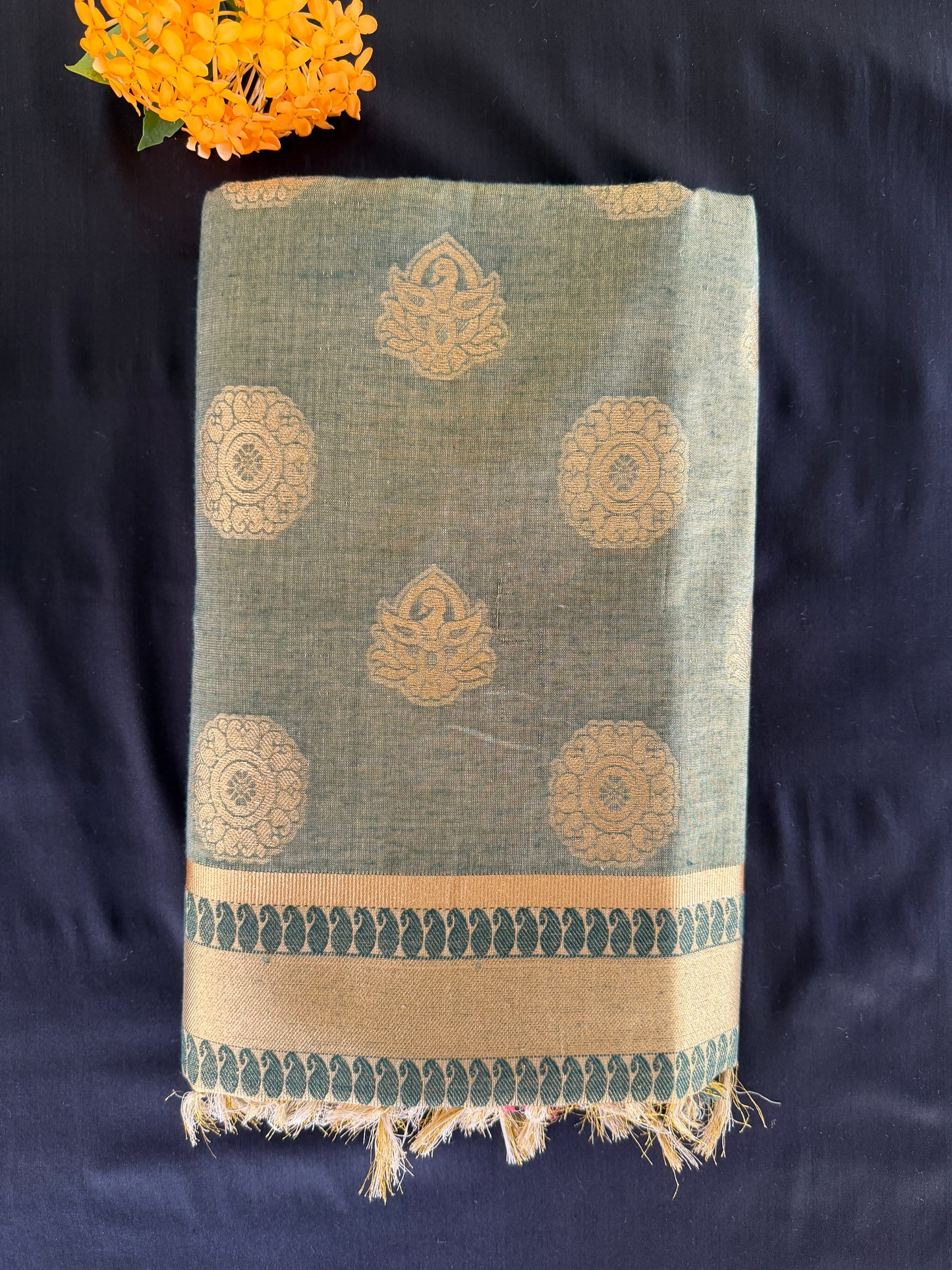 Premium Cream & Sage Green Tissue Kasavu Saree with Gold Zari Border (SAR-1157)