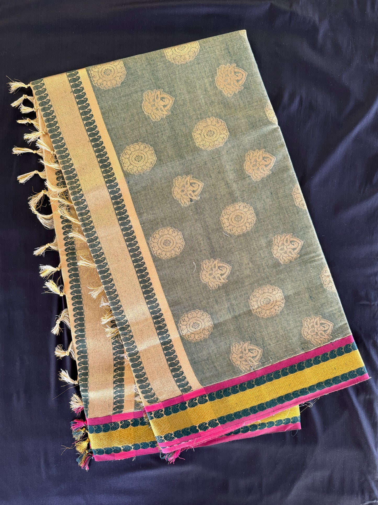 Premium Cream & Sage Green Tissue Kasavu Saree with Gold Zari Border (SAR-1157)