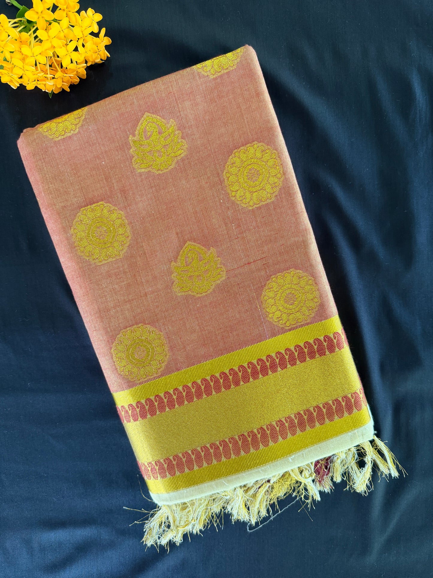 Premium Cream & Pink Tissue Kasavu Saree with Gold Zari Border (SAR-1158)