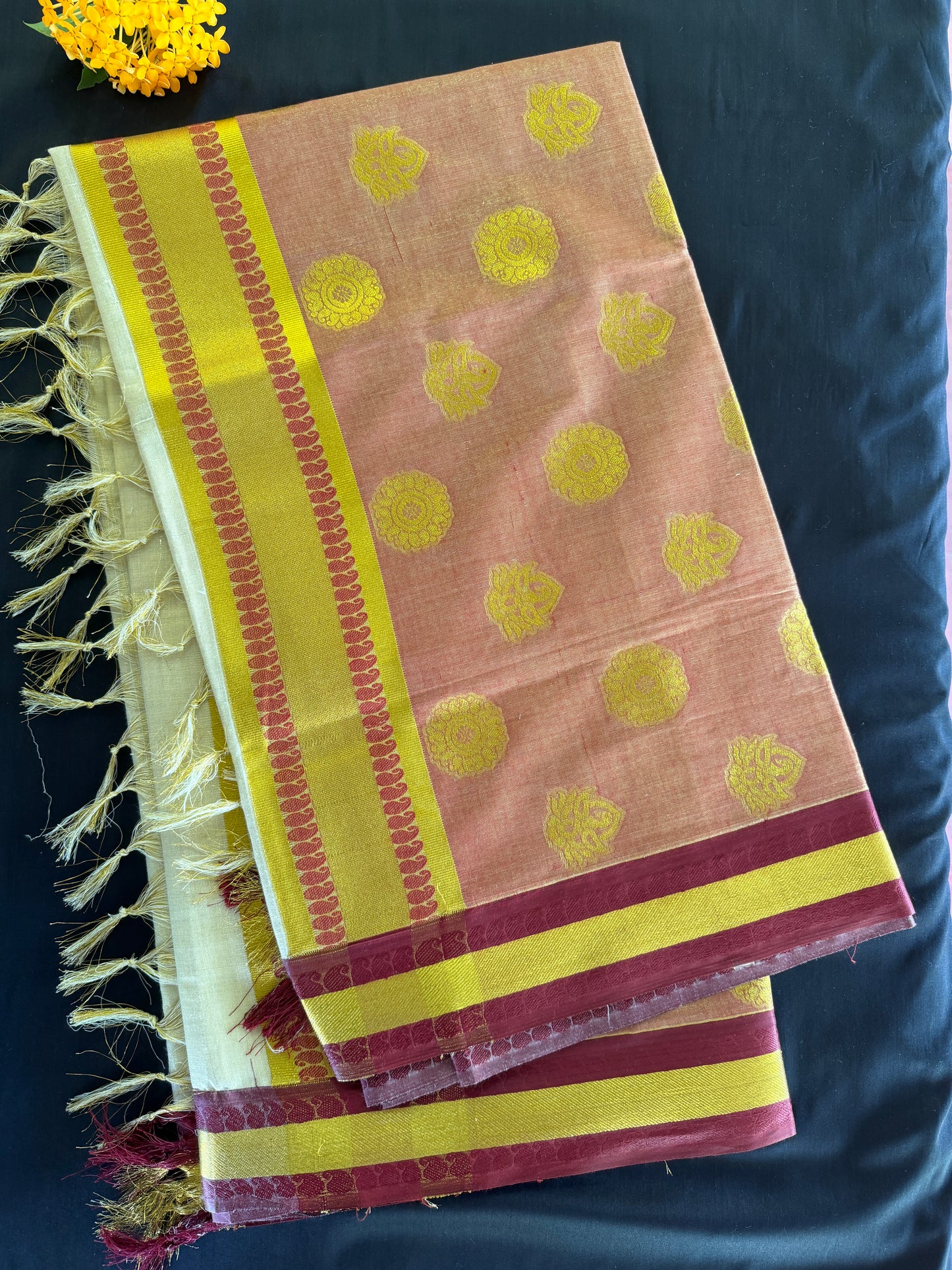 Premium Cream & Pink Tissue Kasavu Saree with Gold Zari Border (SAR-1158)