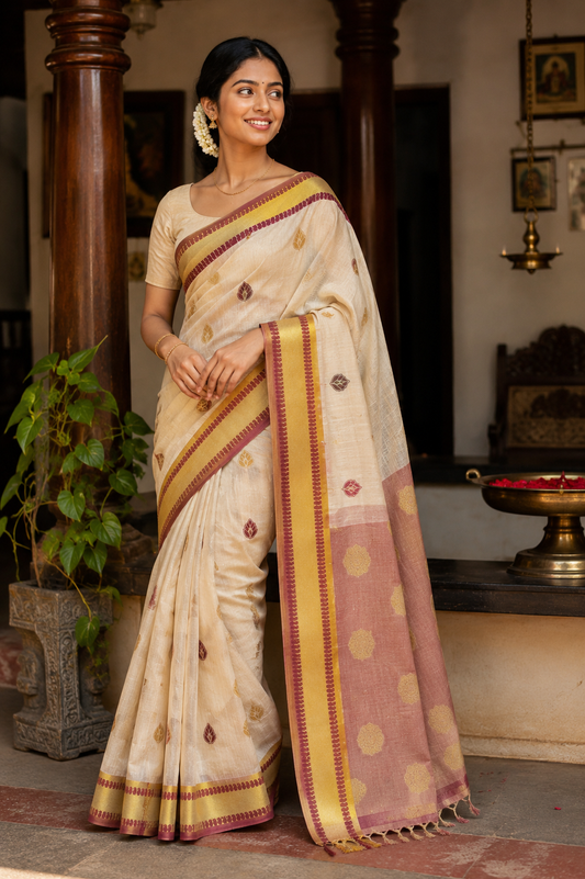 Premium Cream & Pink Tissue Kasavu Saree with Gold Zari Border (SAR-1158)