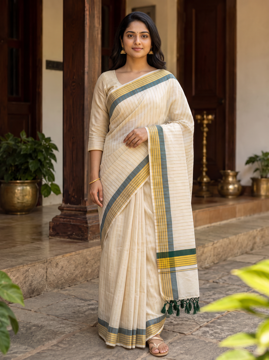 Premium Tissue Kasavu Saree with green and gold border(SAR-1163)