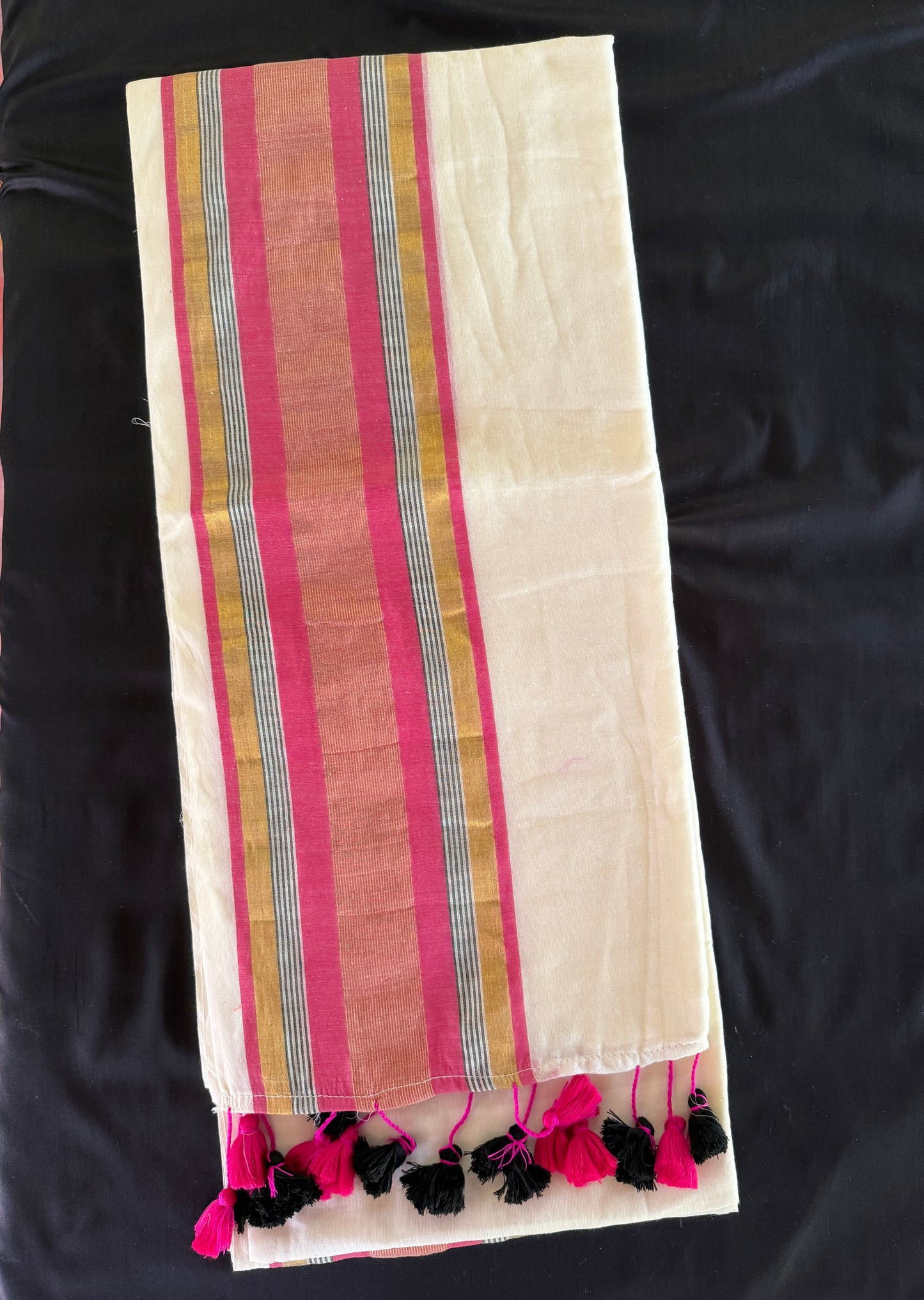 Pink & Gold Mul Cotton Saree with Tassels (SAR-1167)