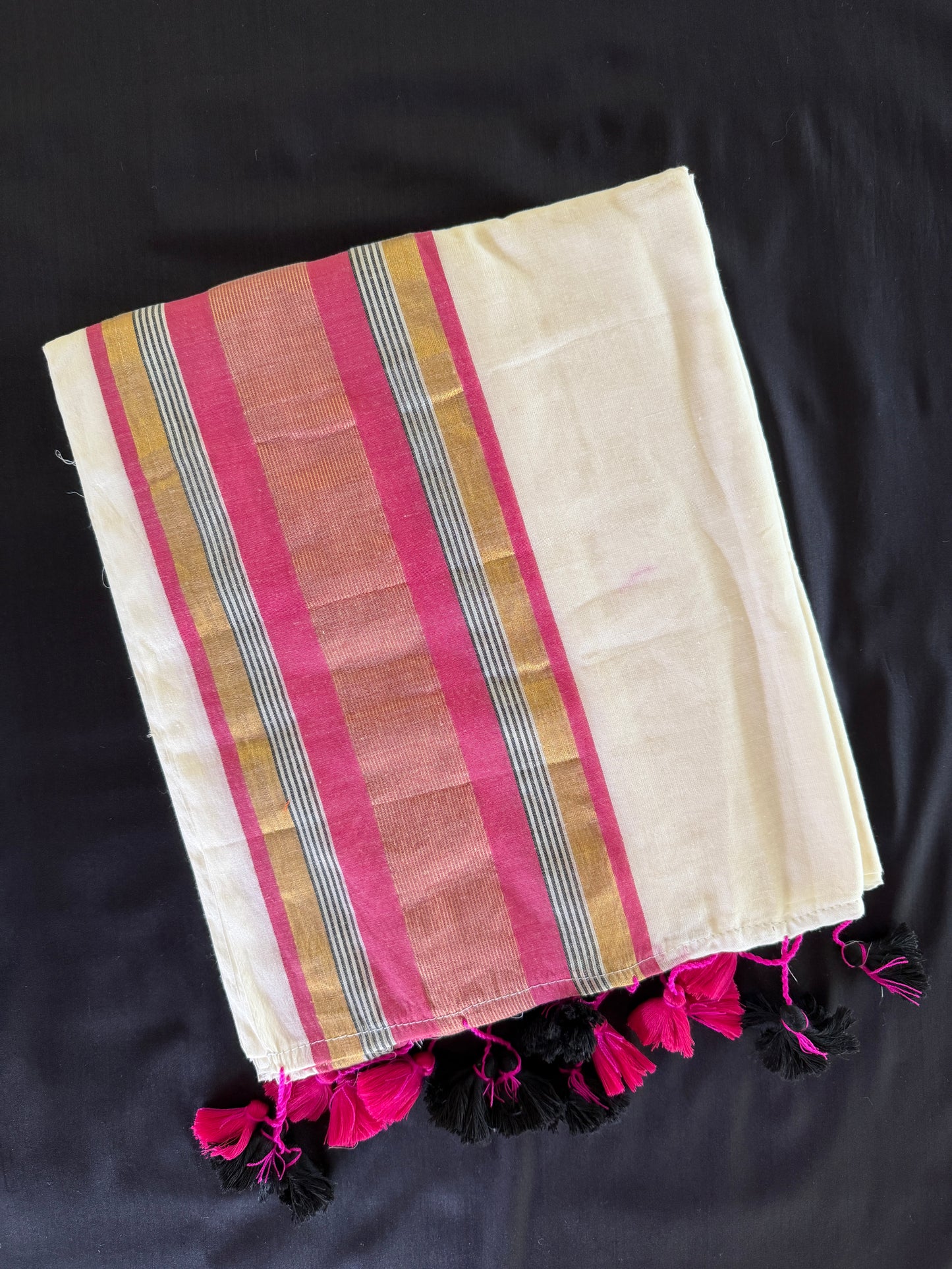 Pink & Gold Mul Cotton Saree with Tassels (SAR-1167)