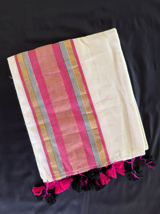 Pink & Gold Mul Cotton Saree with Tassels (SAR-1167)
