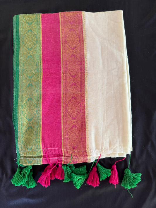 Mul Cotton Saree with Pink and green Tassels (SAR-1170)