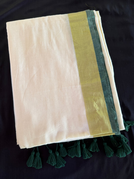 Mul Cotton Saree with Pink and green Tassels (SAR-1171)