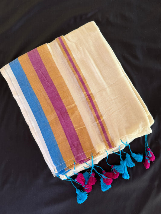 Mul Cotton Saree with blue and pink Tassels (SAR-1172)