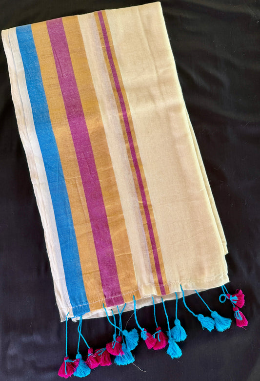 Mul Cotton Saree with blue and pink Tassels (SAR-1172)
