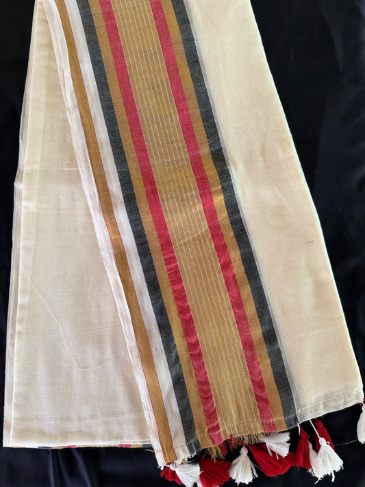 Mul Cotton Saree with white and red Tassels (SAR-1173)