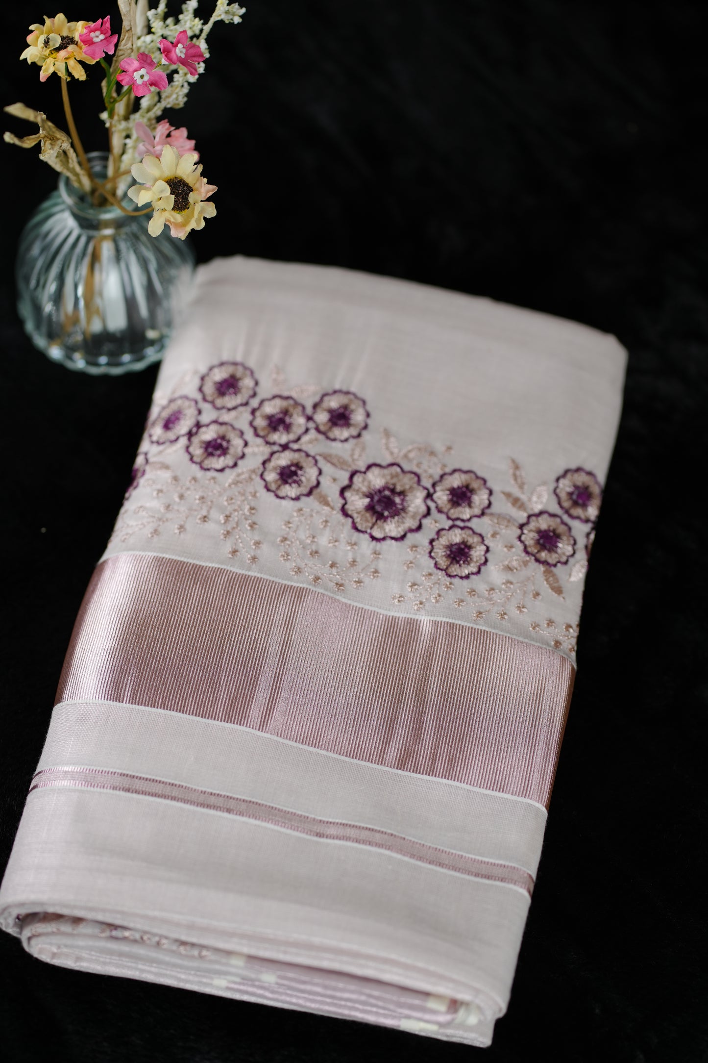 Rose Gold tissue saree with floral embroidery - (SAR120)