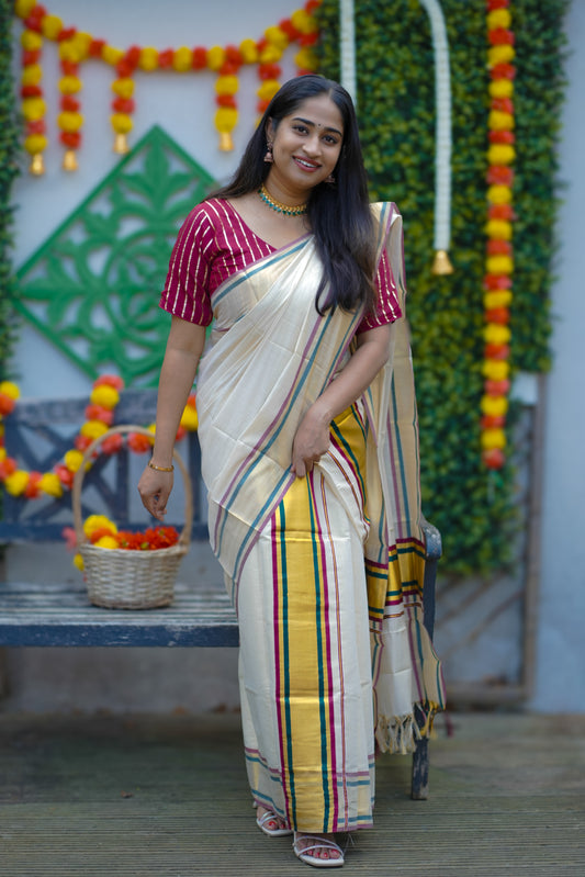 Elegant Kasavu Tissue Set Mundu from Kuttampully (SM-253)