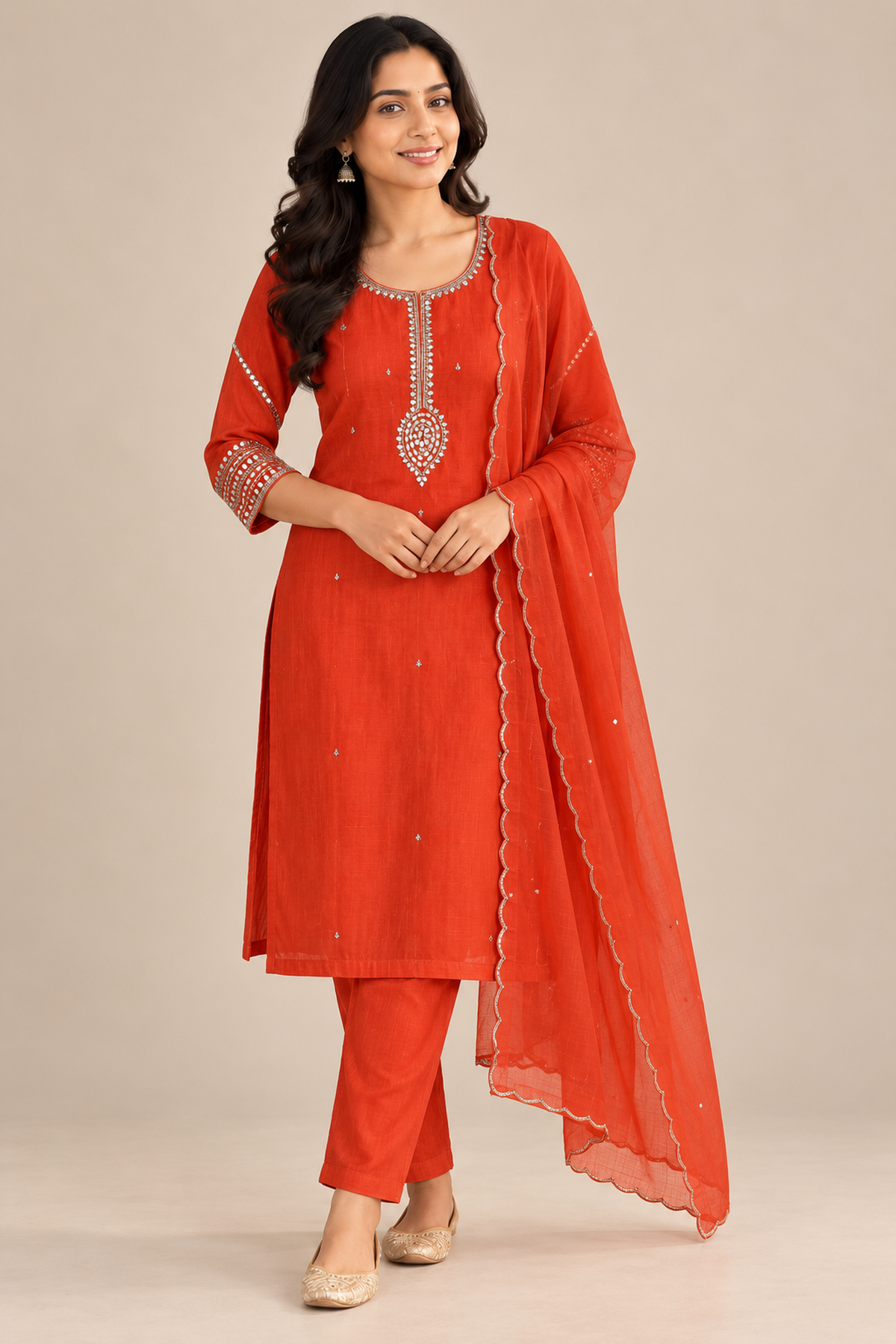 Orange-Red Mirror Work Salwar Suit Set with Dupatta (KER-1241)