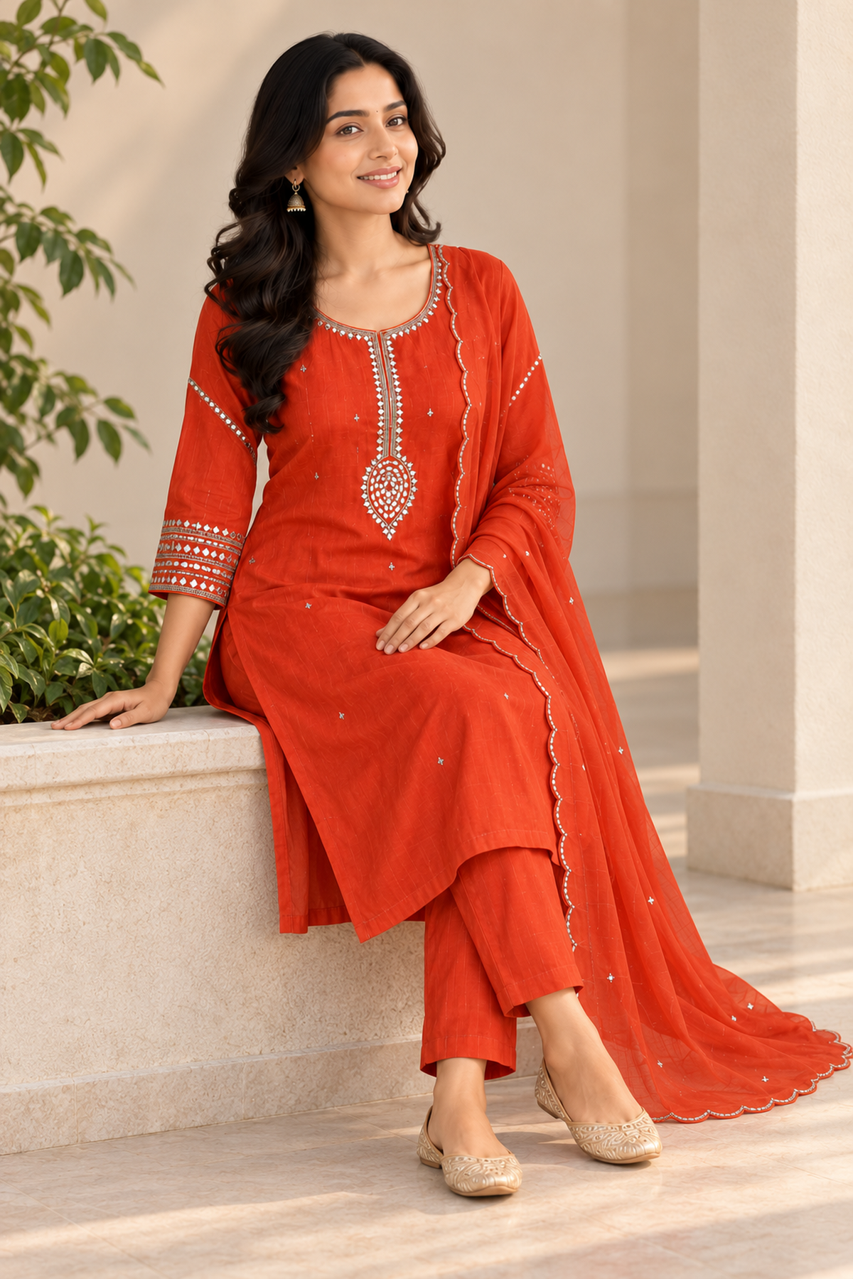 Orange-Red Mirror Work Salwar Suit Set with Dupatta (KER-1241)