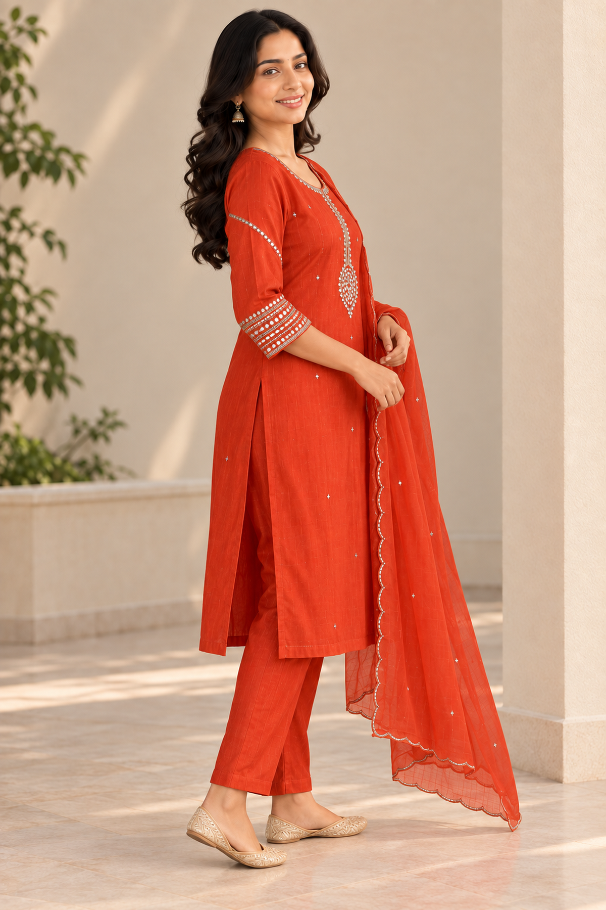 Orange-Red Mirror Work Salwar Suit Set with Dupatta (KER-1241)