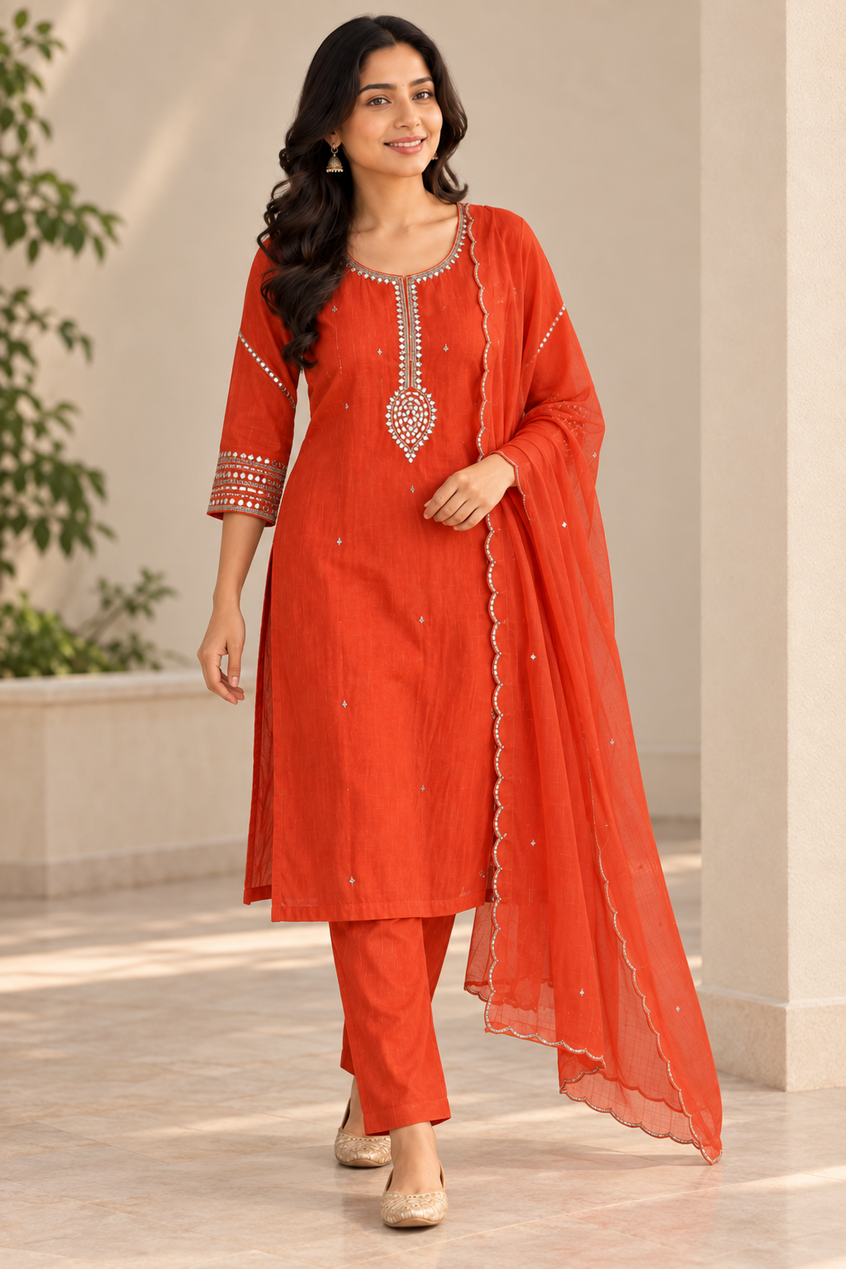 Orange-Red Mirror Work Salwar Suit Set with Dupatta (KER-1241)