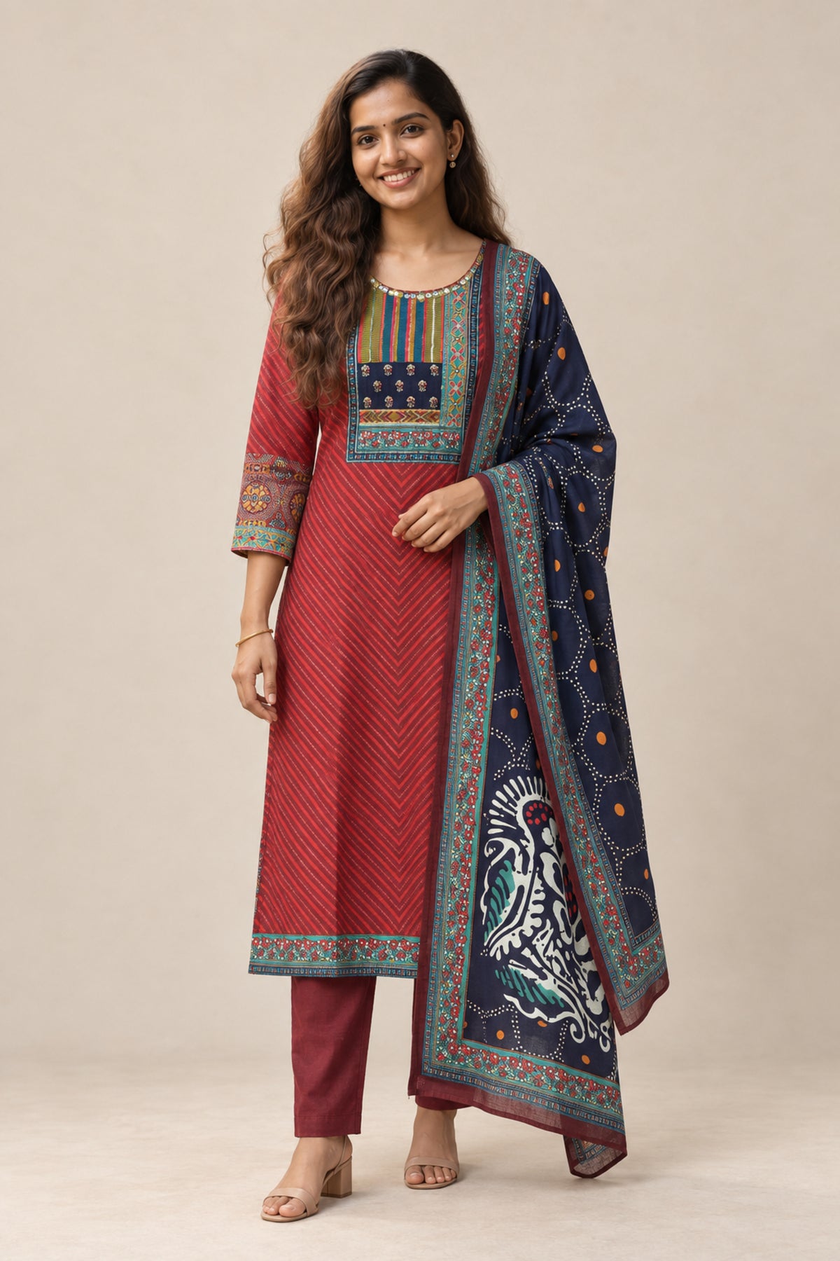 Red Printed Salwar Suit Set with Navy Dupatta (KER-1242)