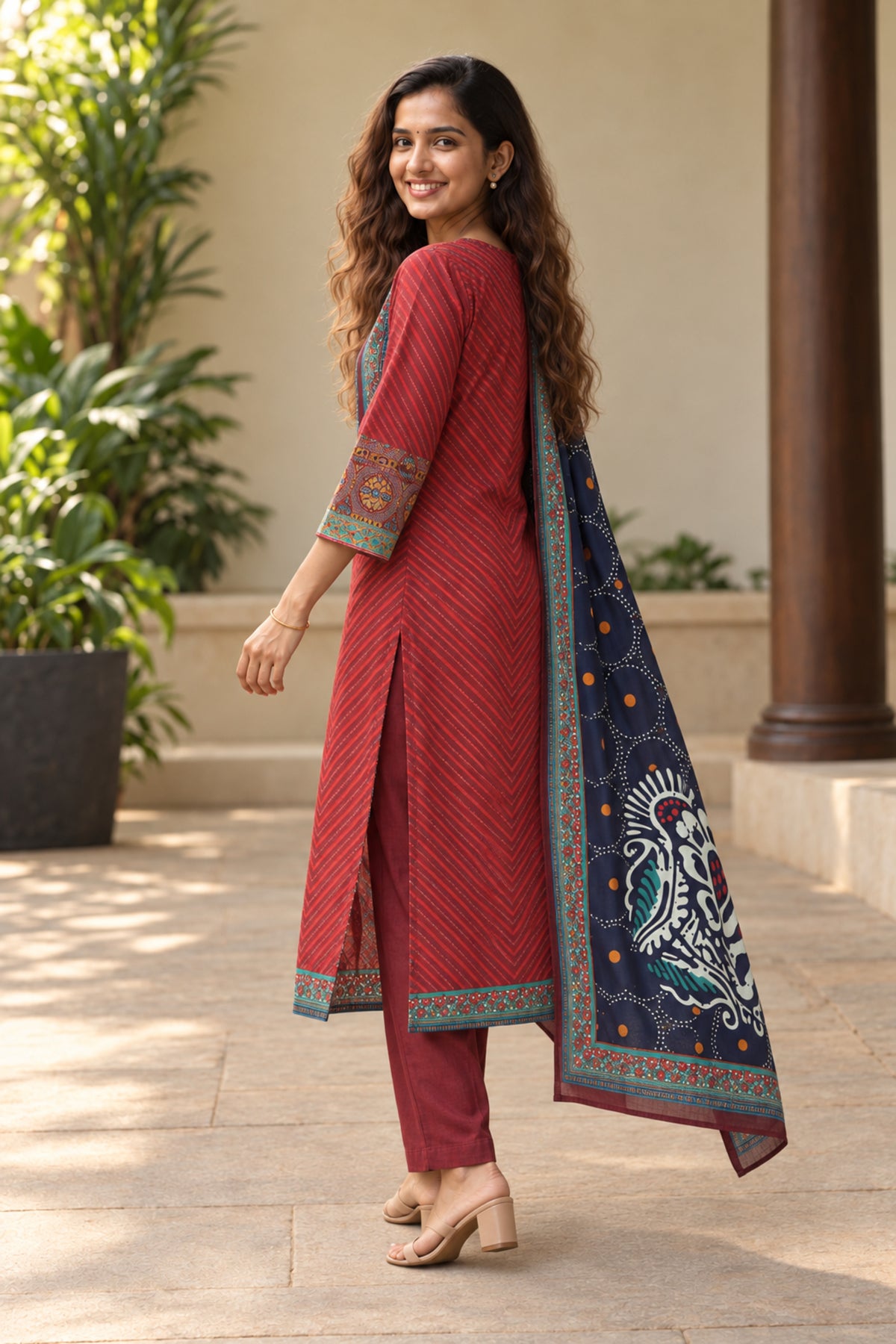 Red Printed Salwar Suit Set with Navy Dupatta (KER-1242)