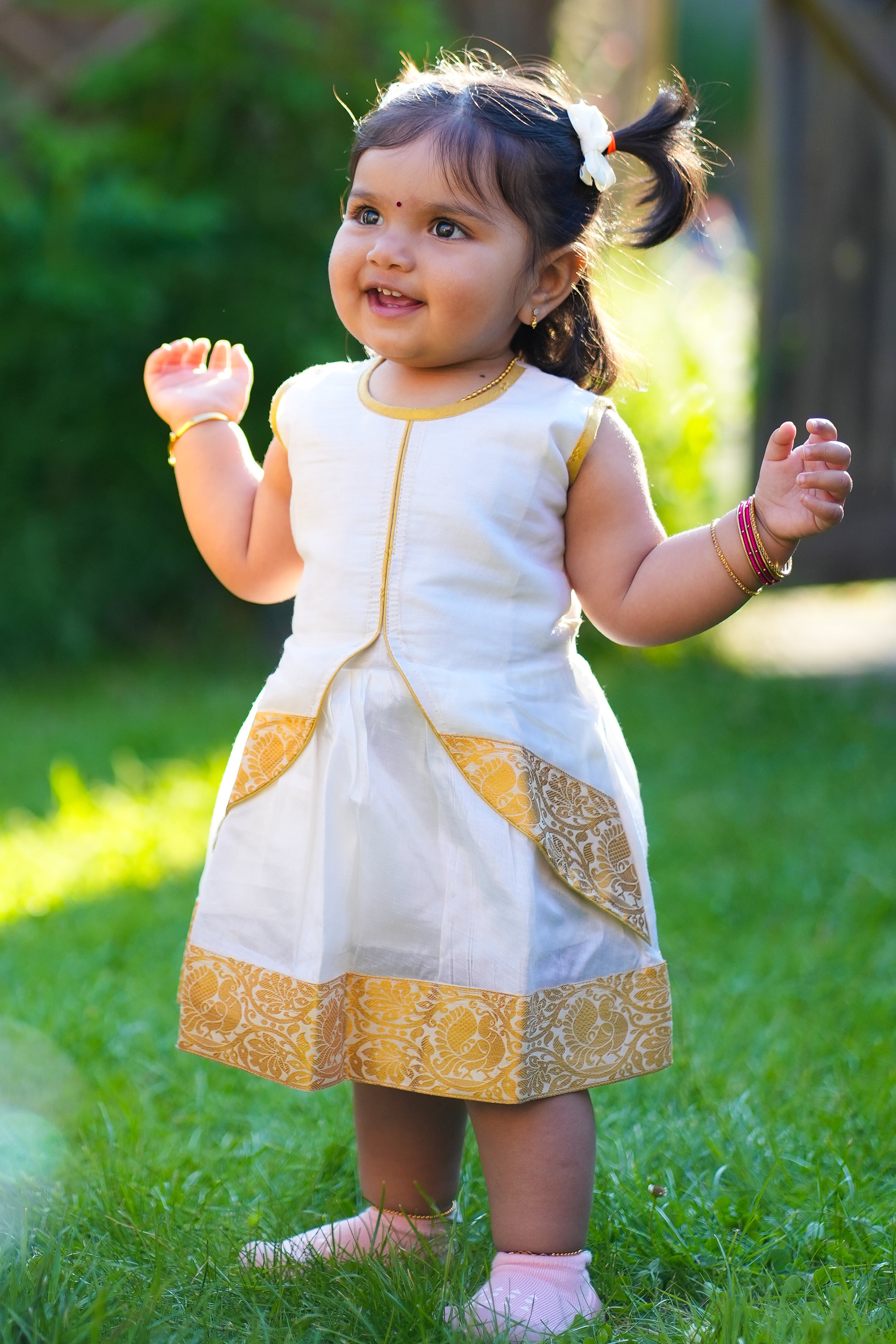 Baby wear cute golden tissue frock from Floral Blues