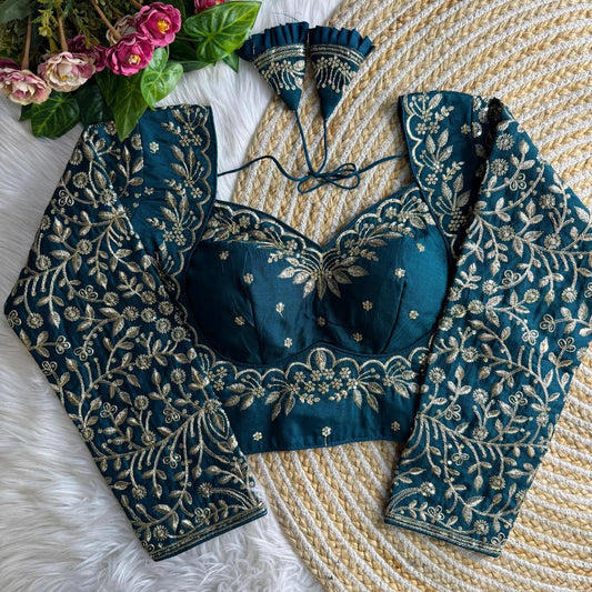 Vichitra Silk Blouse with Zari Embroidery - Peacock Blue (Code:B31)