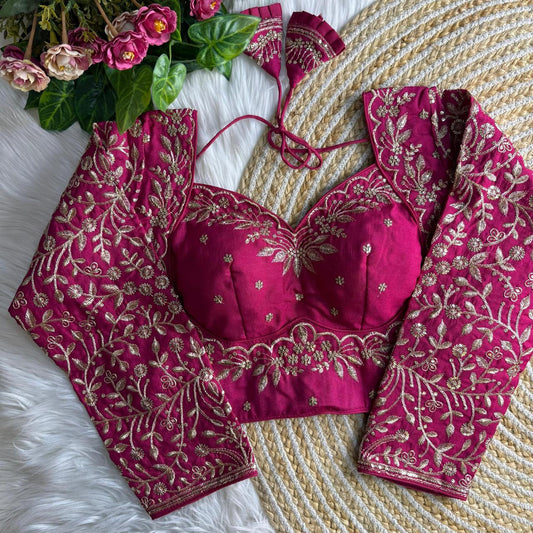 Vichitra silk blouse with Zari Embroidery - Rani Pink (Code:B32)